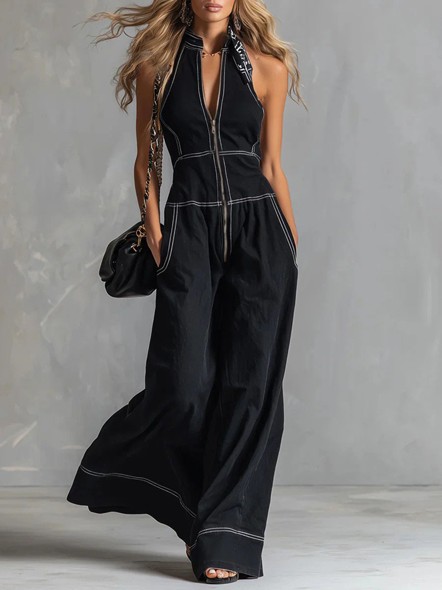 Women's Sleeveless Stand Collar Wide-Leg Jumpsuit