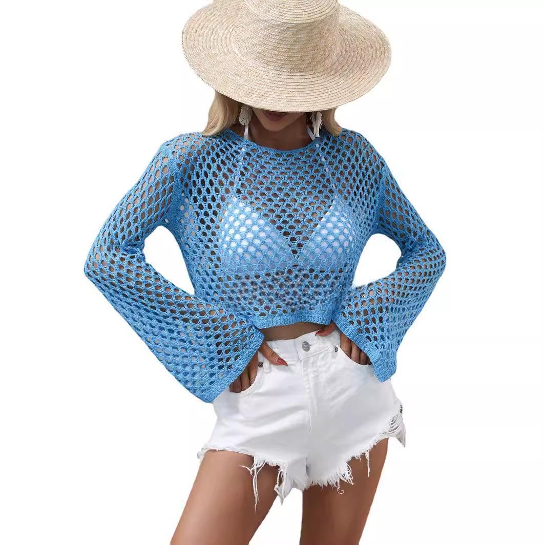 Women's Hollow-Out Knit Sweater with Bell Sleeves and Round Neck