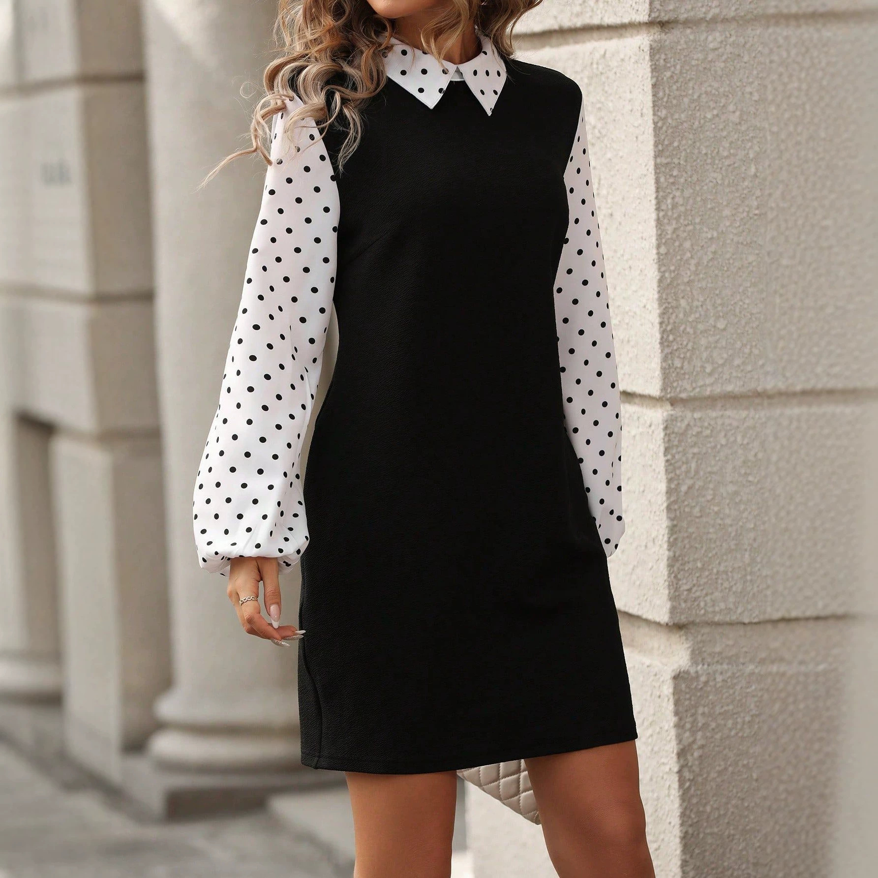 Polka Dot Color-Block Long-Sleeve Dress with Waist-Cinching Slim Fit