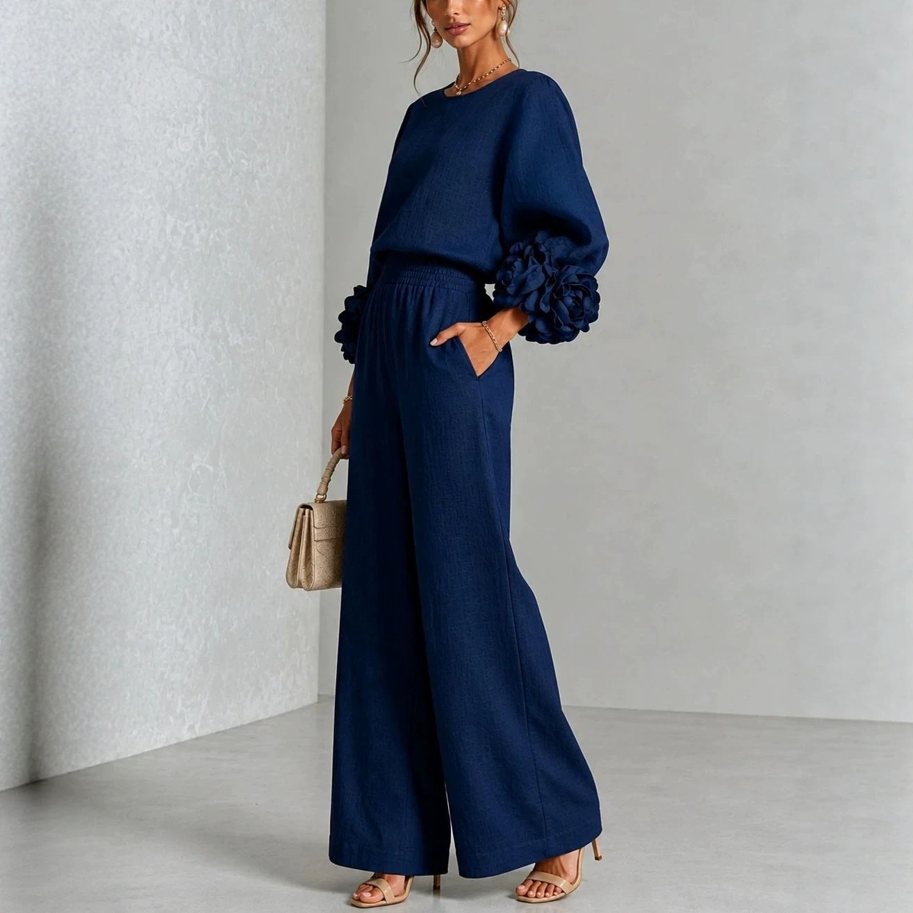 Women's Two-Piece Set with 3D Floral Crewneck Top and Wide-Leg Pants