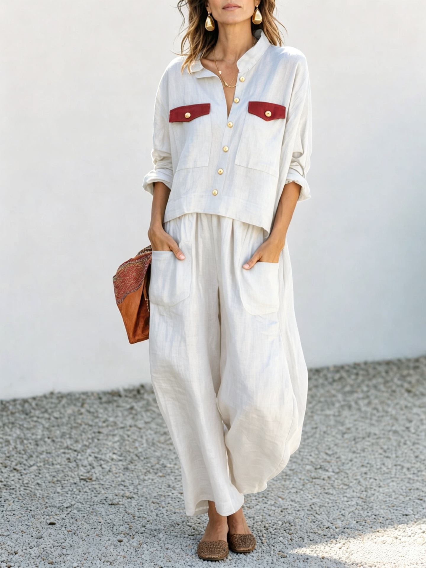 Women's Casual Loose Button Shirt and Wide-Leg Pants Two-Piece Set