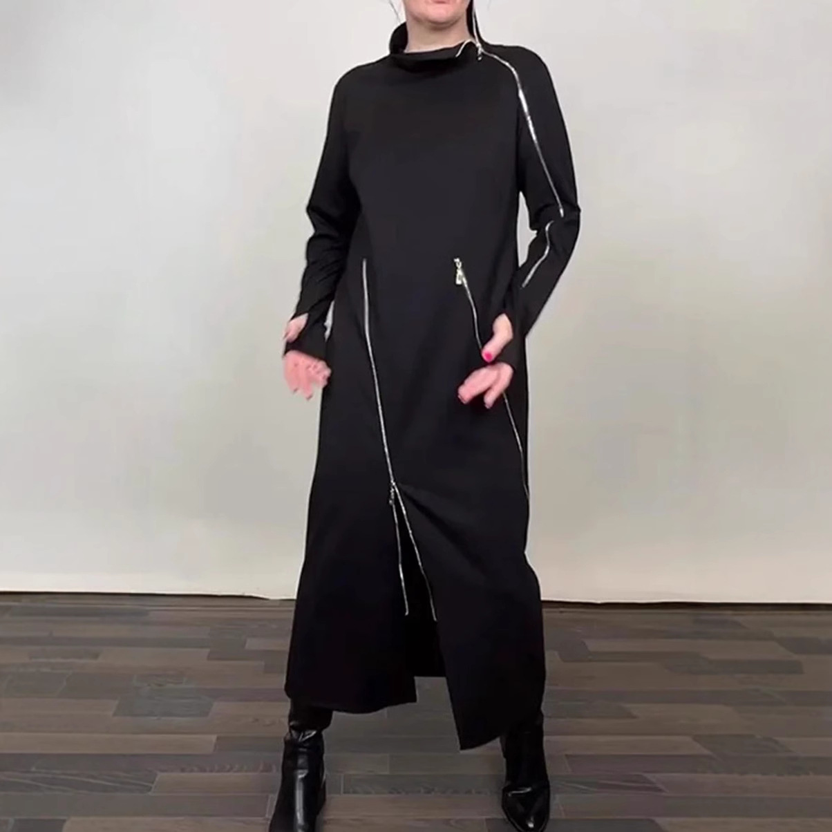 Women's Solid High Neck Zip Long Sleeve Dress