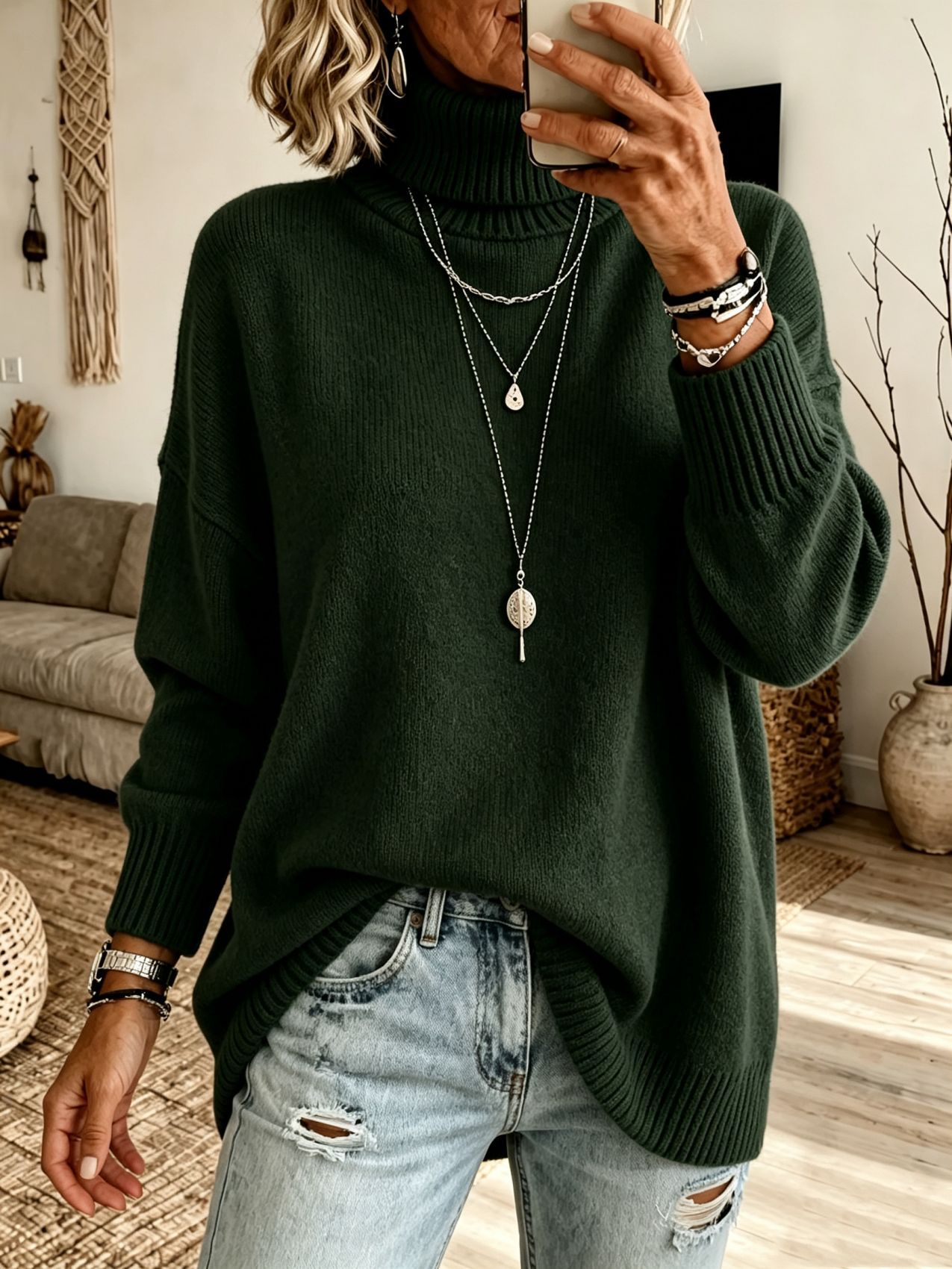 Women's Turtleneck Sweater Loose Knit Pullover Soft Thickened Base Layer