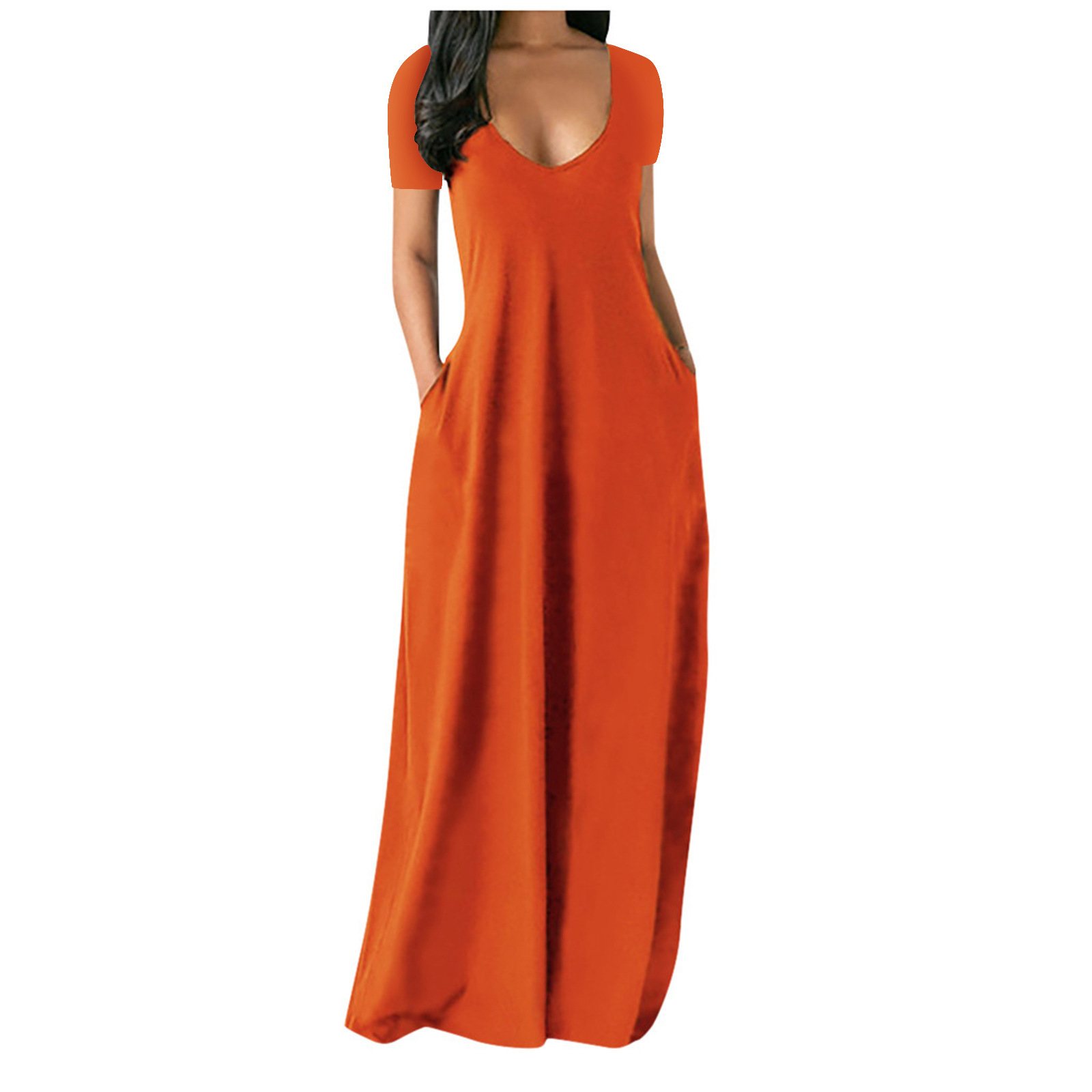 Plus Size Solid Deep V-Neck Short Sleeve Long Dress