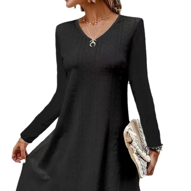Women's Hollow Jacquard V-Neck Long Sleeve A-Line Midi Dress
