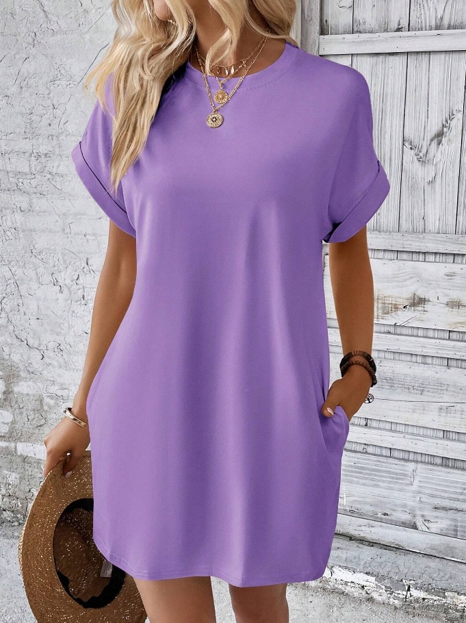 Women's Solid Crewneck Short Sleeve Pocket Midi Dress