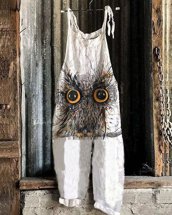Women's Printed Cotton-Linen Cami Jumpsuit Sleeveless Wide-Leg Beach Romper