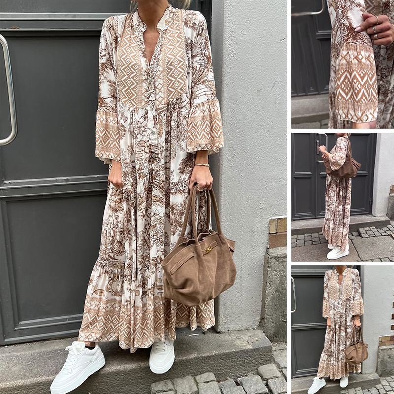 Floral Tie-Dye Print Bell Sleeve Long Dress