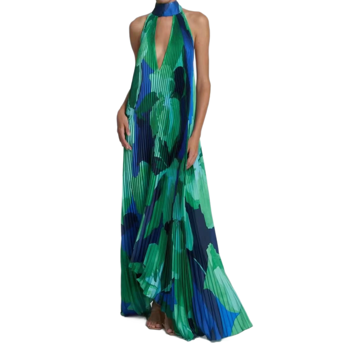 Halter Neck Deep V Green Blue Colorblock Pleated Maxi Dress