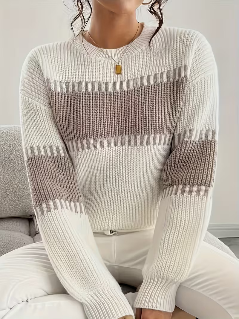 Women's Casual Striped Drop Shoulder Long Sleeve Sweater Colorful Striped Pullover