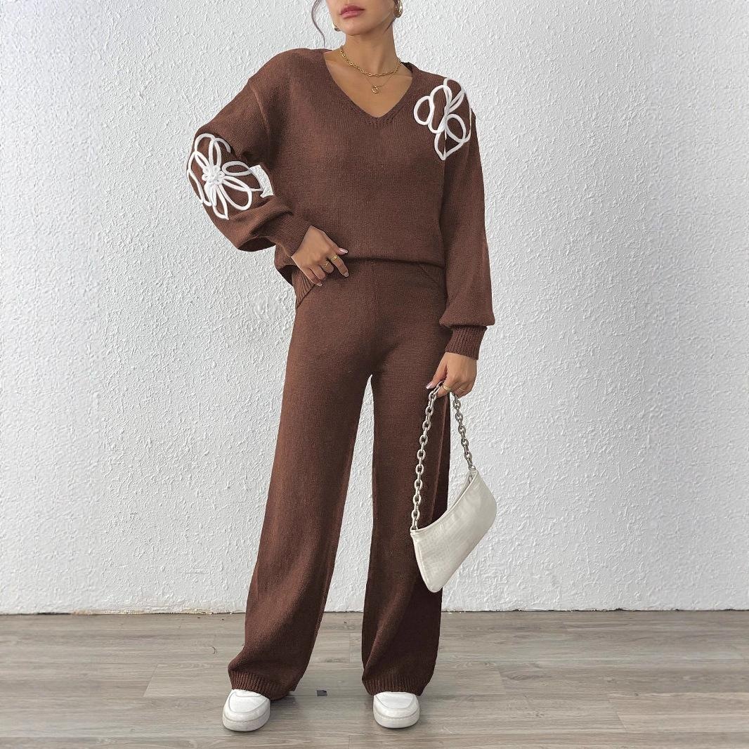 Women's Floral Embroidered V-Neck Sweater and Straight Pants Two-Piece Set