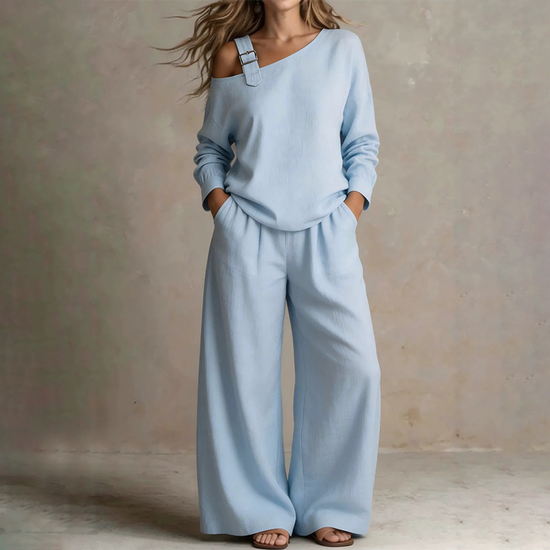 Women's Casual Solid Color One-Shoulder Two-Piece Set
