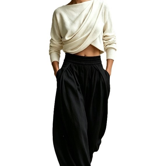 Women's Two-Piece Set: Pleated Crewneck Top & Elastic Waist Harem Pants
