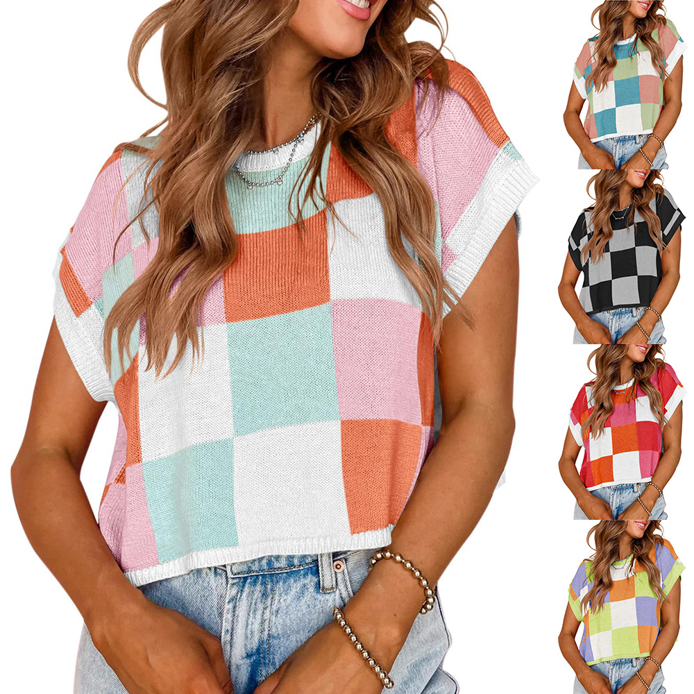 Color Block Checkered Crewneck Knit Crop Top Short Sleeve