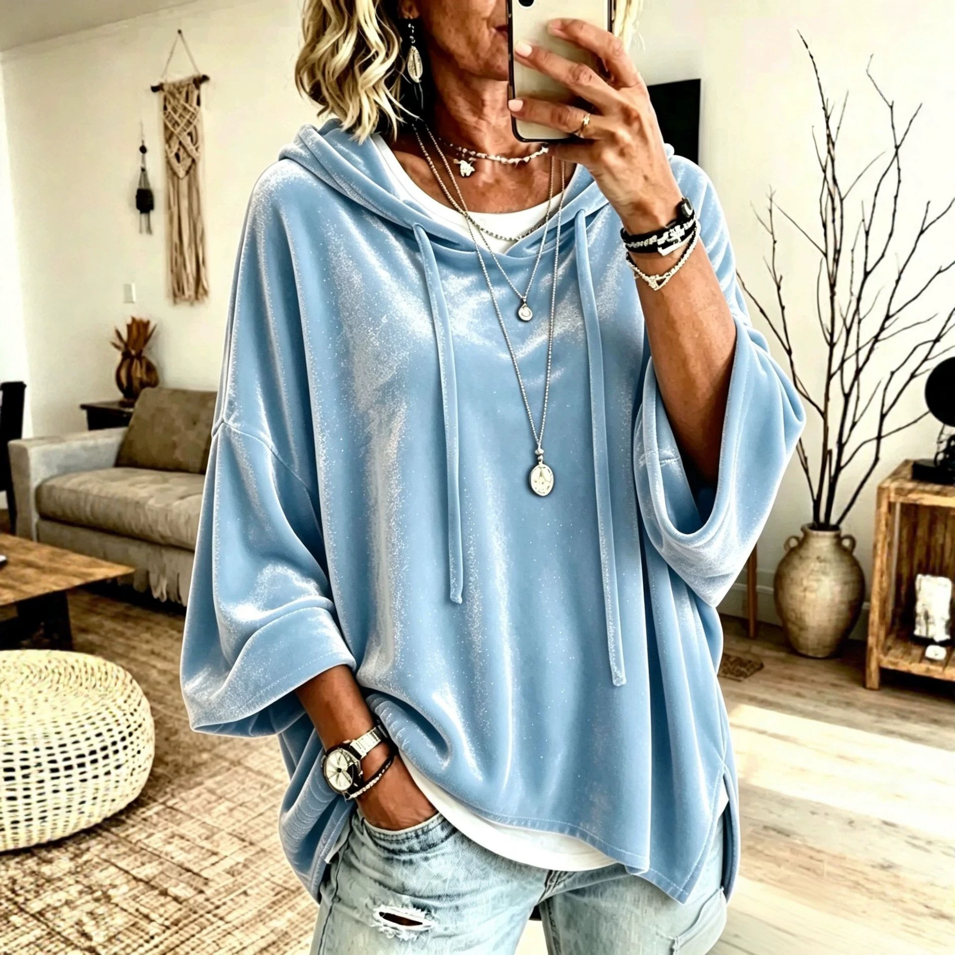 Solid Color 3/4 Sleeve Hooded Drawstring Loose Casual Sweatshirt for Women