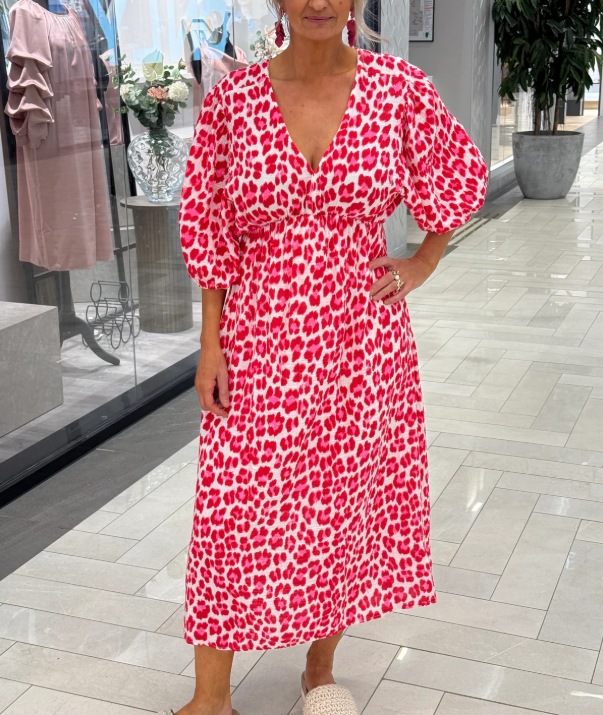 Women's Floral Print Deep V-Neck 3/4 Sleeve Waist-Cinched Loose Dress