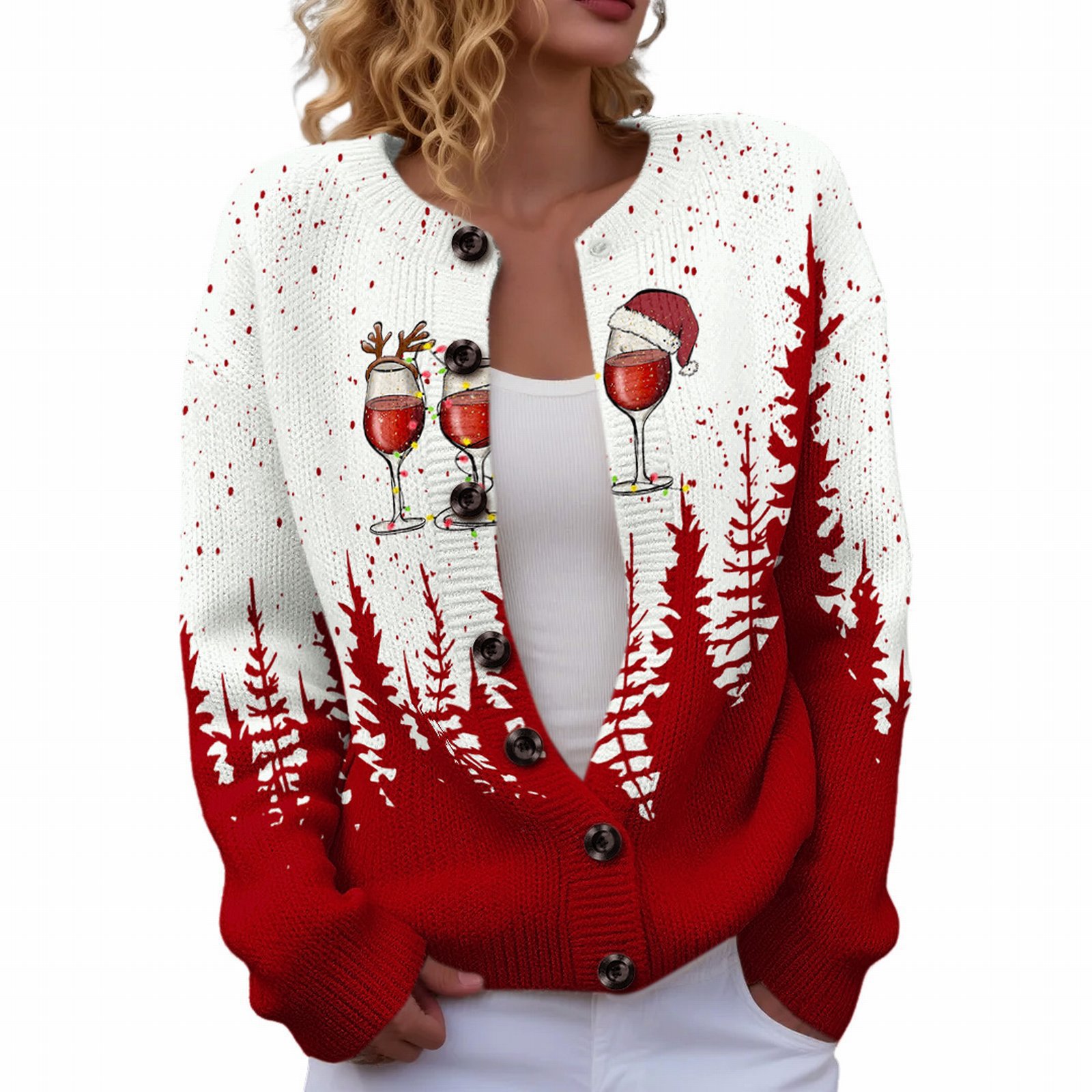 Women's Christmas Reindeer Forest Print Button Cardigan Sweater