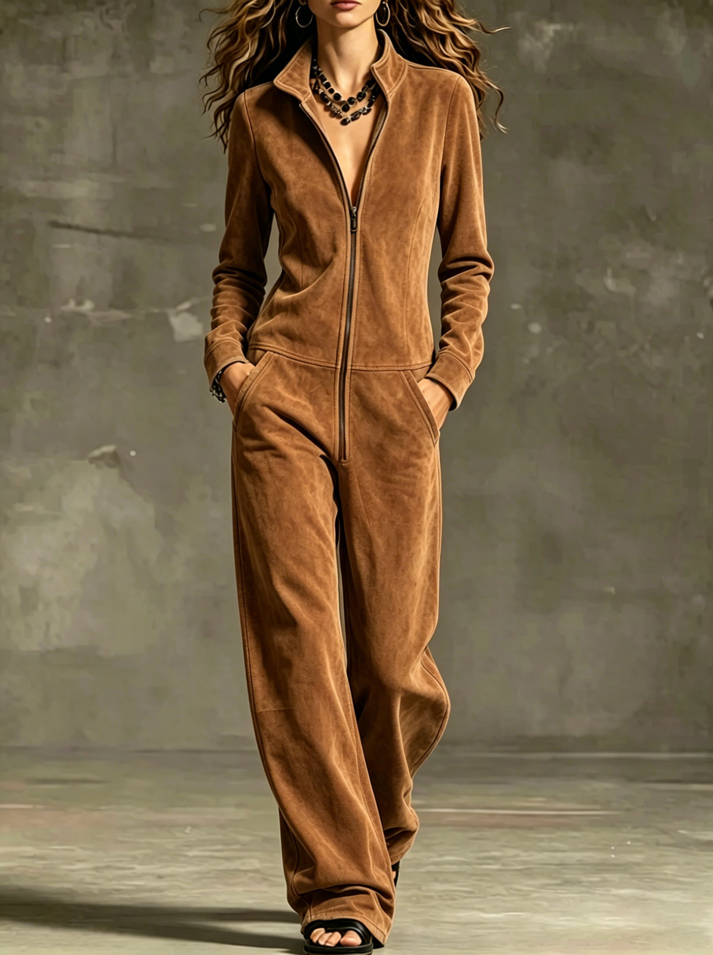 Suede Jumpsuit with Stand Collar, Front Zip, Pockets, Wide Leg