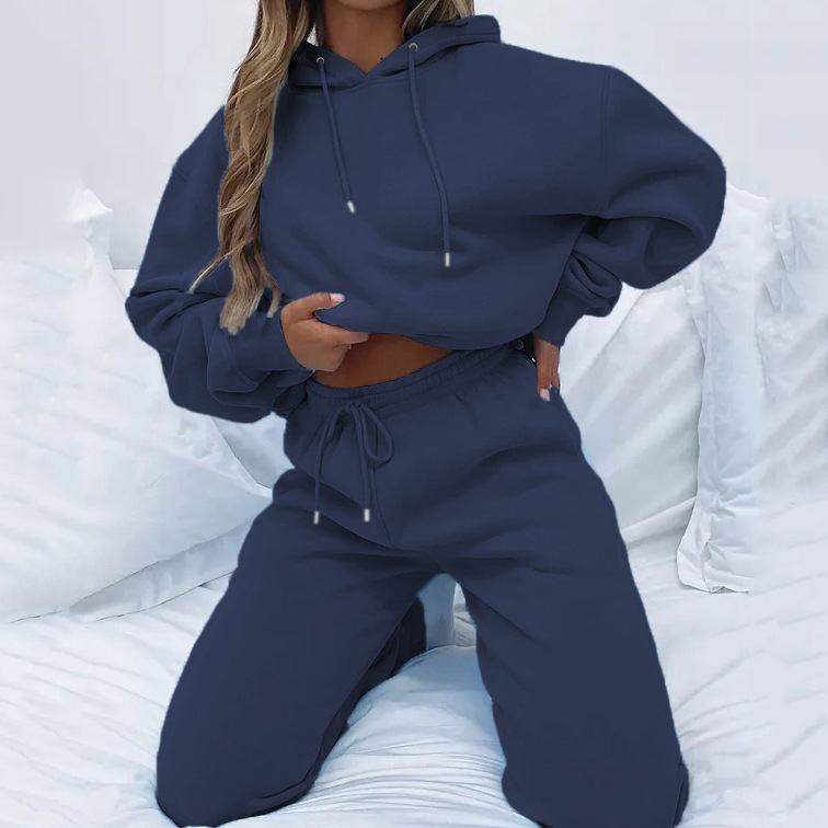 Women's Solid Hooded Long Sleeve Sweatshirt and Pants Set with Pockets