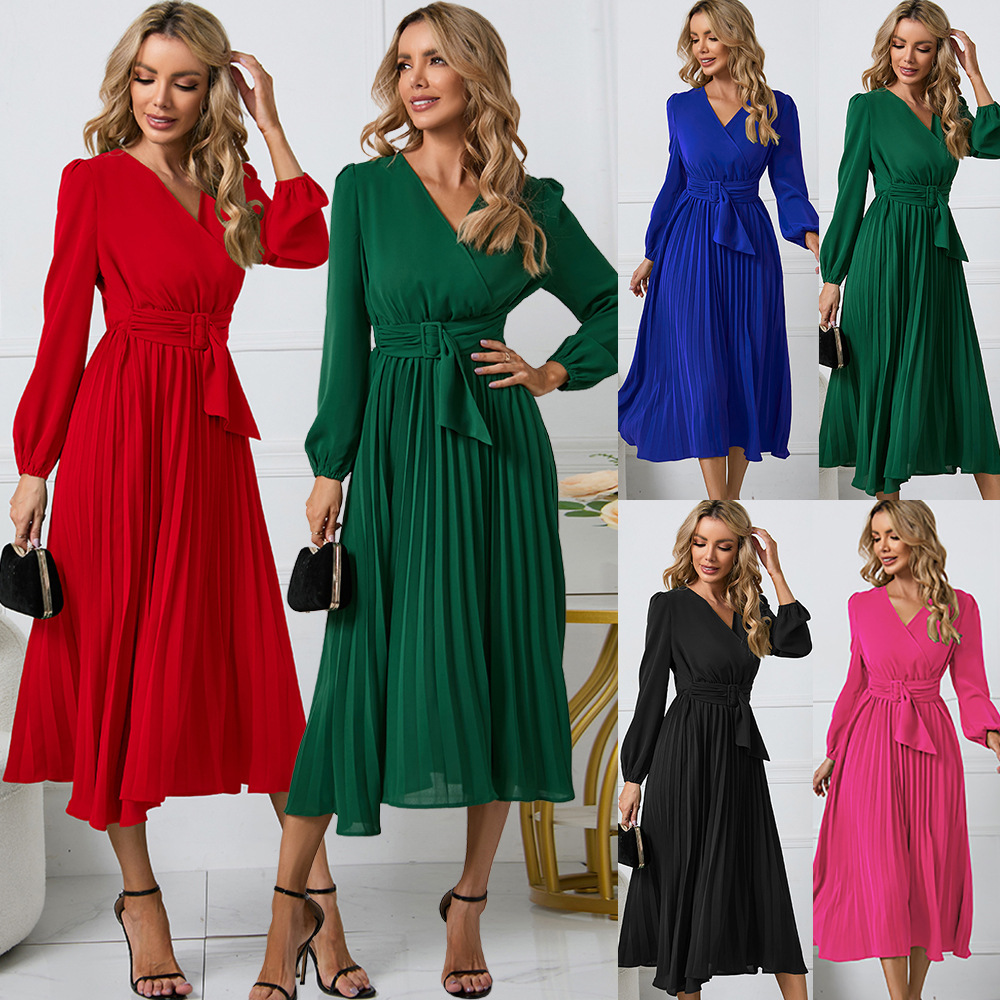 Women's Long Sleeve Pleated Belted V-Neck A-Line Dress