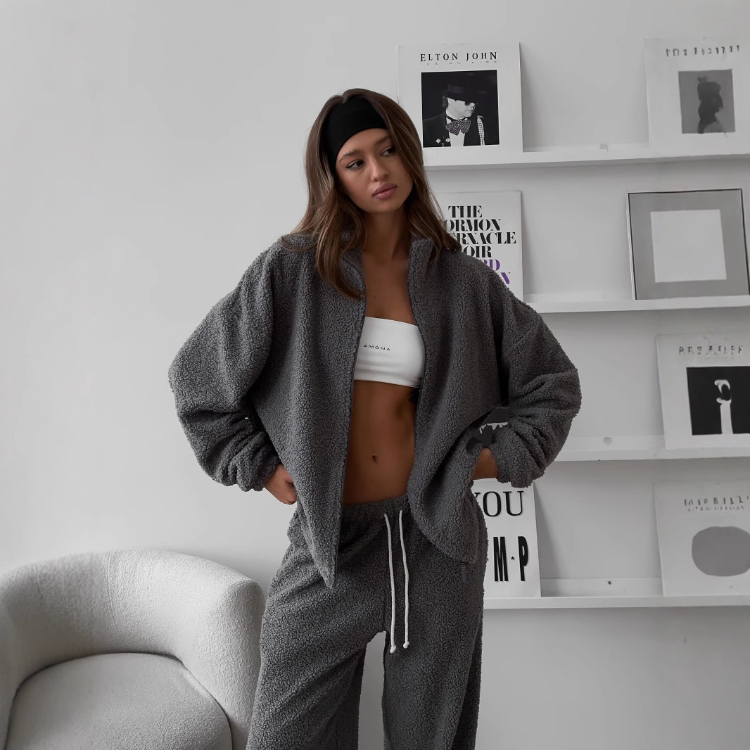 Women's Fleece Cardigan Sweatsuit Set Casual Streetwear