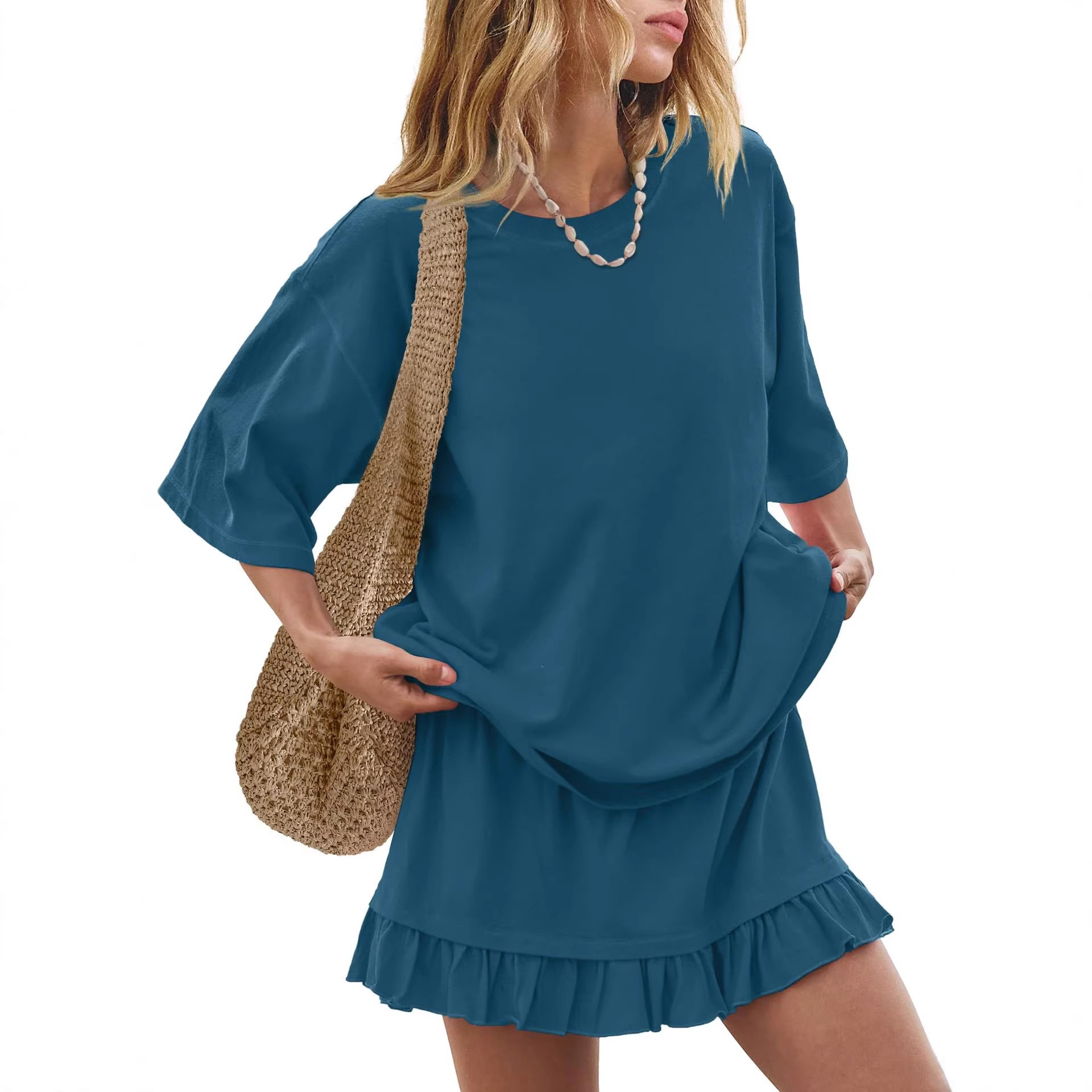 Women's Solid Color Loose Fit Casual Two-Piece Pajama Set with Ruched Detail
