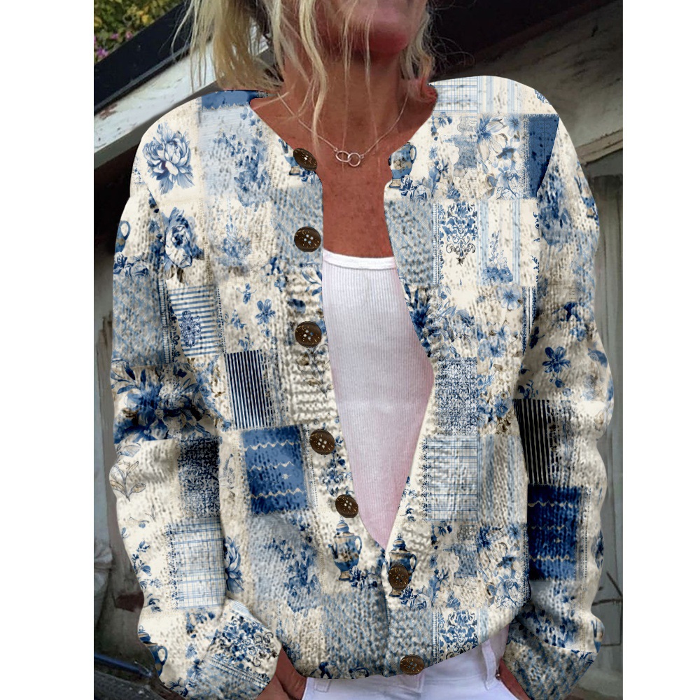 Women's Plaid Floral Print Button-Down Cardigan Sweater