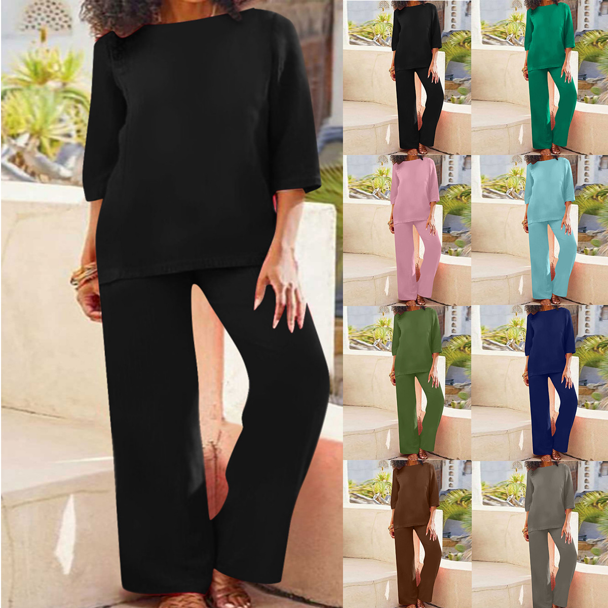 Plus Size Women's Cotton Linen Solid Color Vintage Two-Piece Pant Set Long Sleeve Loose Fit