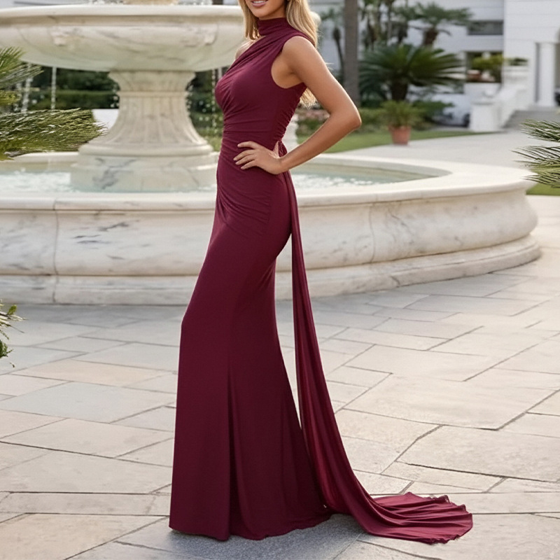 Elegant One-Shoulder Bodycon Maxi Dress with Ribbon Accent