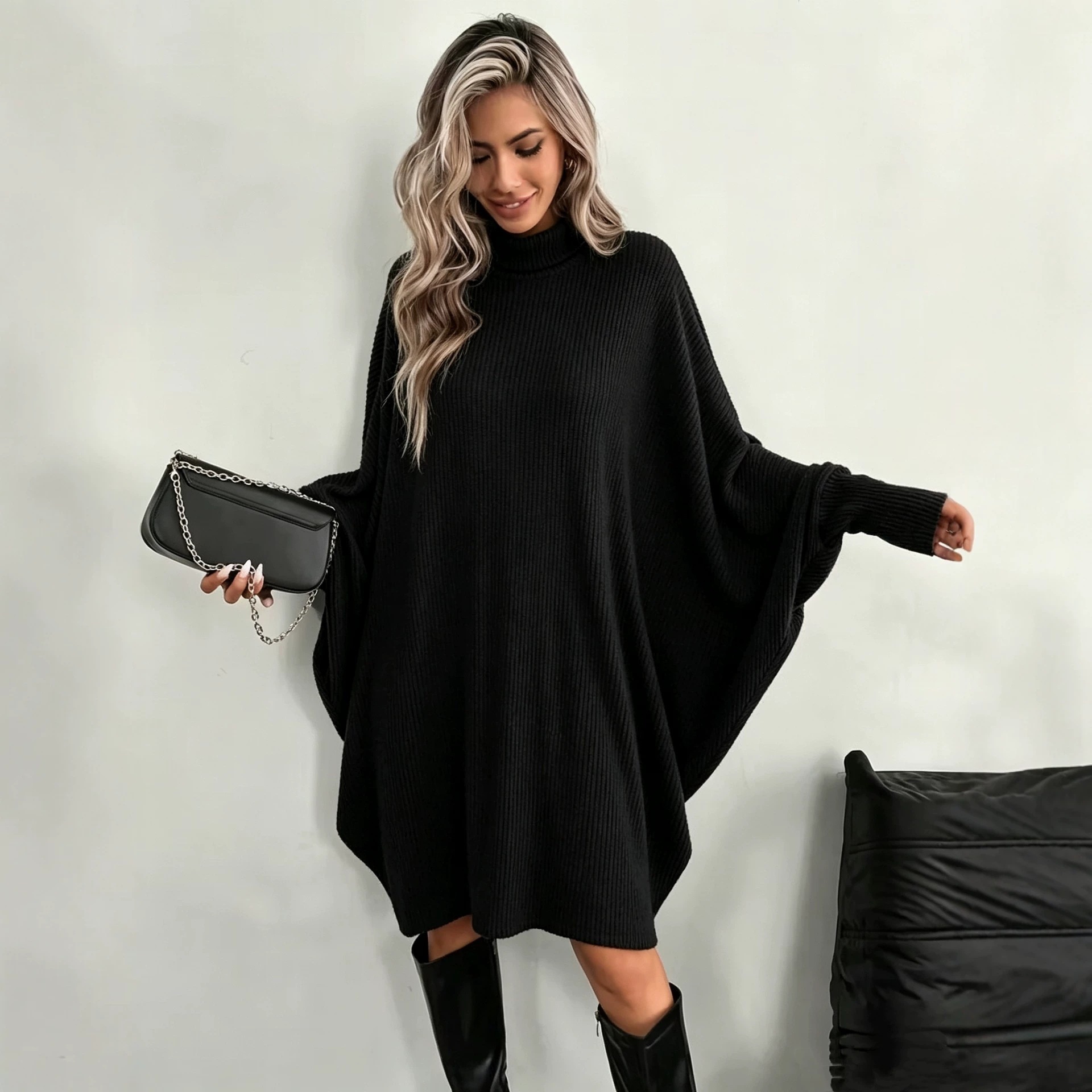Elegant Loose Batwing Sleeve Turtleneck Long Sleeve Dress Gray Cape Coat