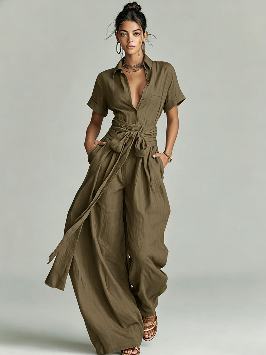 Women's Solid High-Waist Short-Sleeve Jumpsuit Casual Loose Straight-Leg