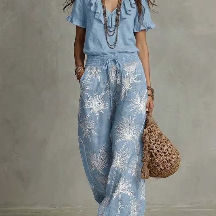 Ruffled V-Neck Short-Sleeve Printed Wide-Leg Pant Set