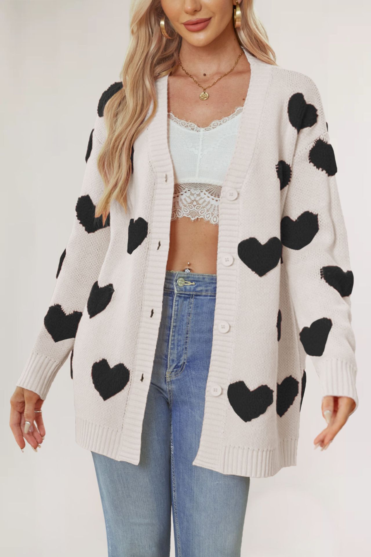 Heart Jacquard Knit Midi Cardigan V-Neck Button-Up Women's