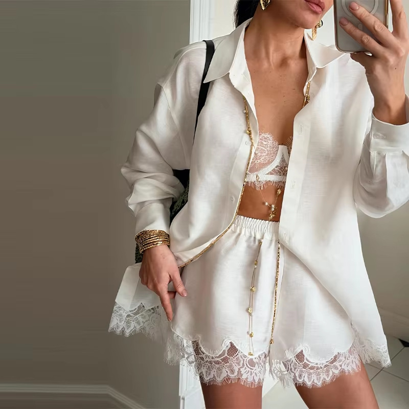 Women's Lace-Trim Shirt and Shorts Set Casual Two-Piece Outfit