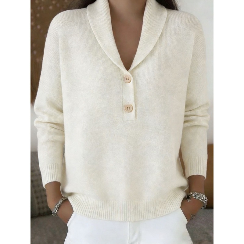 Women's Knit Button Polo Sweater Solid Color Casual Loose Fit Long Sleeve