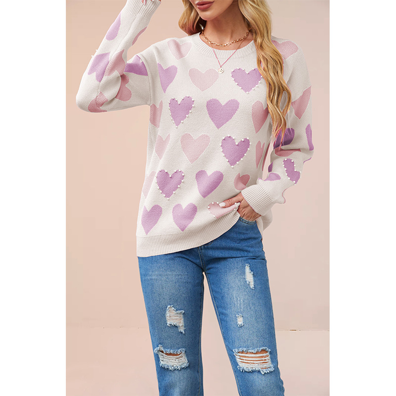 Beaded Heart Crewneck Knit Sweater for Women