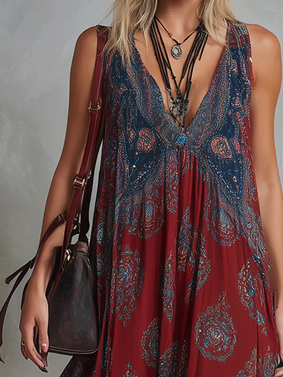 V-Neck Sleeveless Printed Maxi Dress