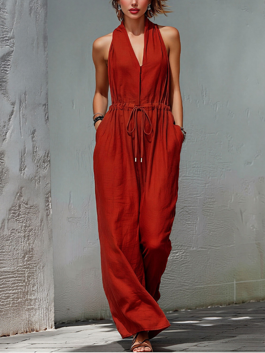 Women's Sleeveless Solid Color Long Wide-Leg Jumpsuit for Vacation
