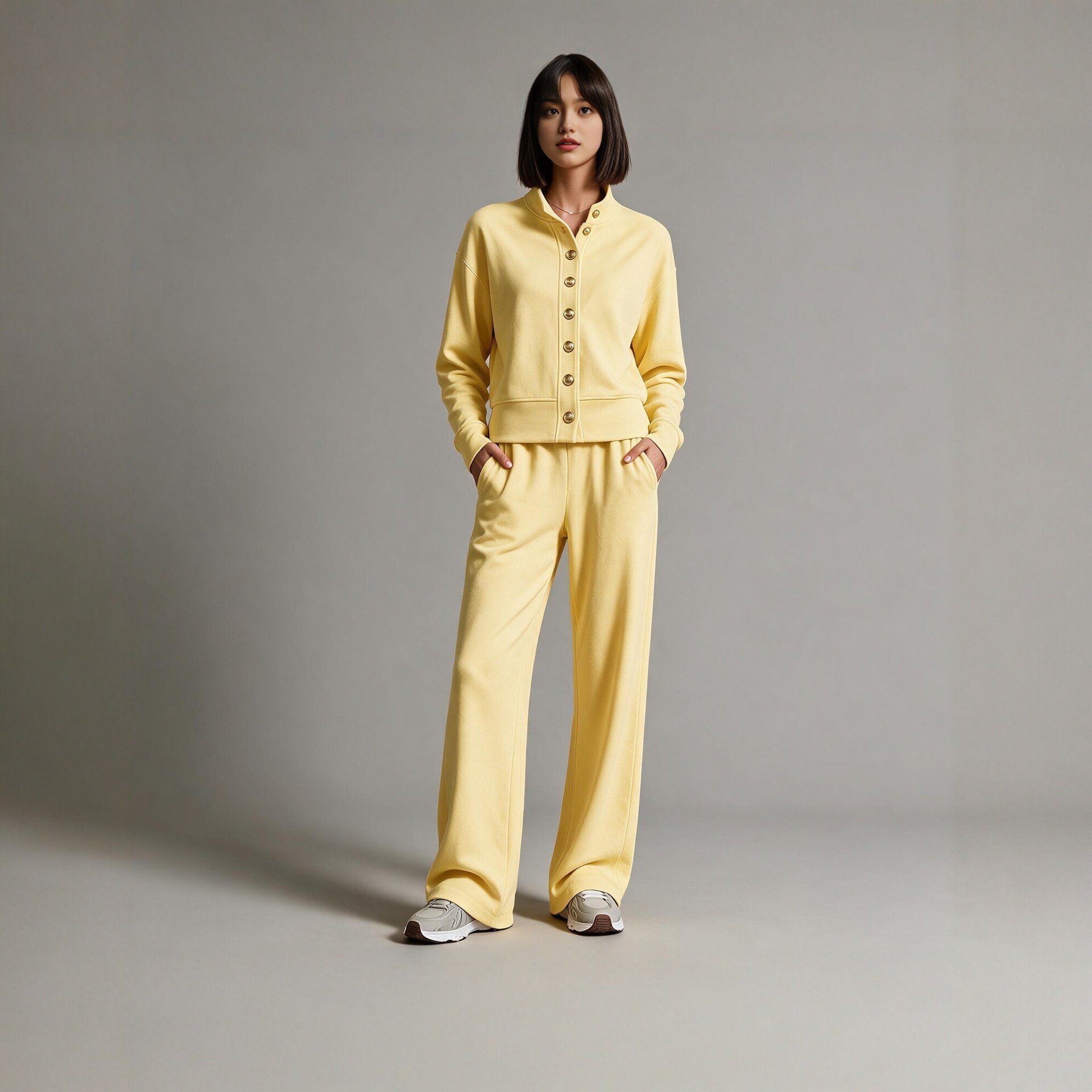 Women's Solid Stand-Collar Cardigan Hoodie & Wide-Leg Pants Set