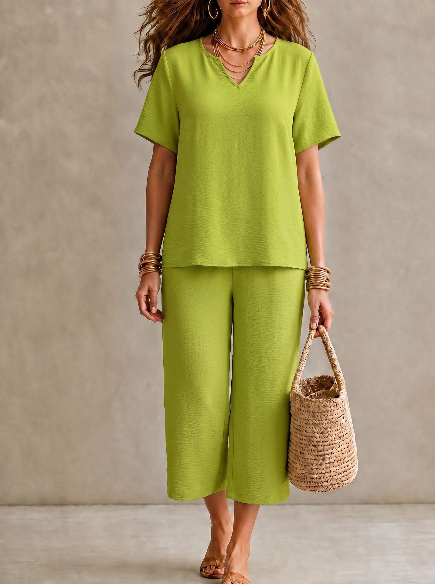 Women's Solid V-Neck Short Sleeve Shirt & Wide-Leg Pants Set with Elastic Waist