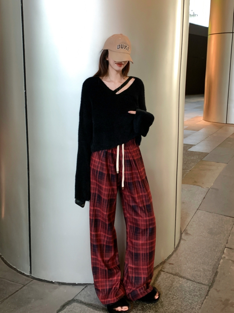 Retro Red Plaid High-Waist Straight-Leg Pants for Women