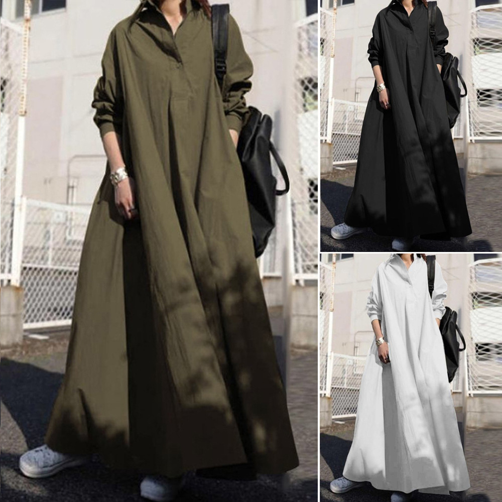 Japanese Style Cotton-Linen Long Sleeve A-Line Dress