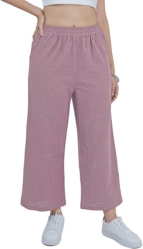 Women's Cotton-Linen Wide-Leg Capri Pants High-Waist Loose Casual