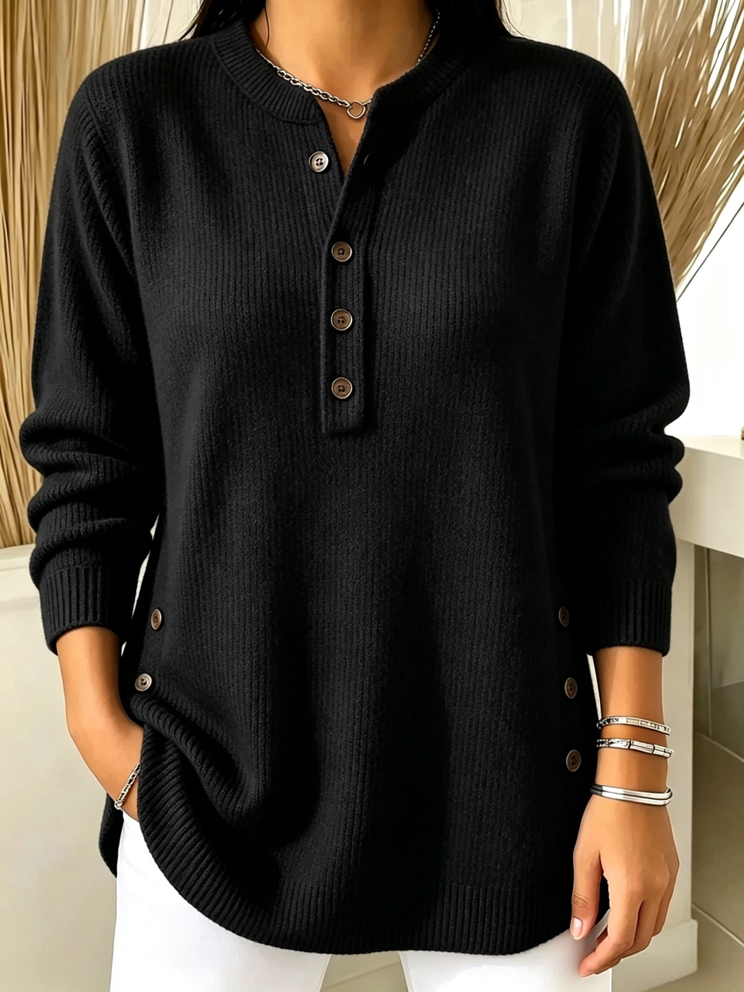 Women's V-Neck Button Knit Sweater Solid Color Loose Fit Top