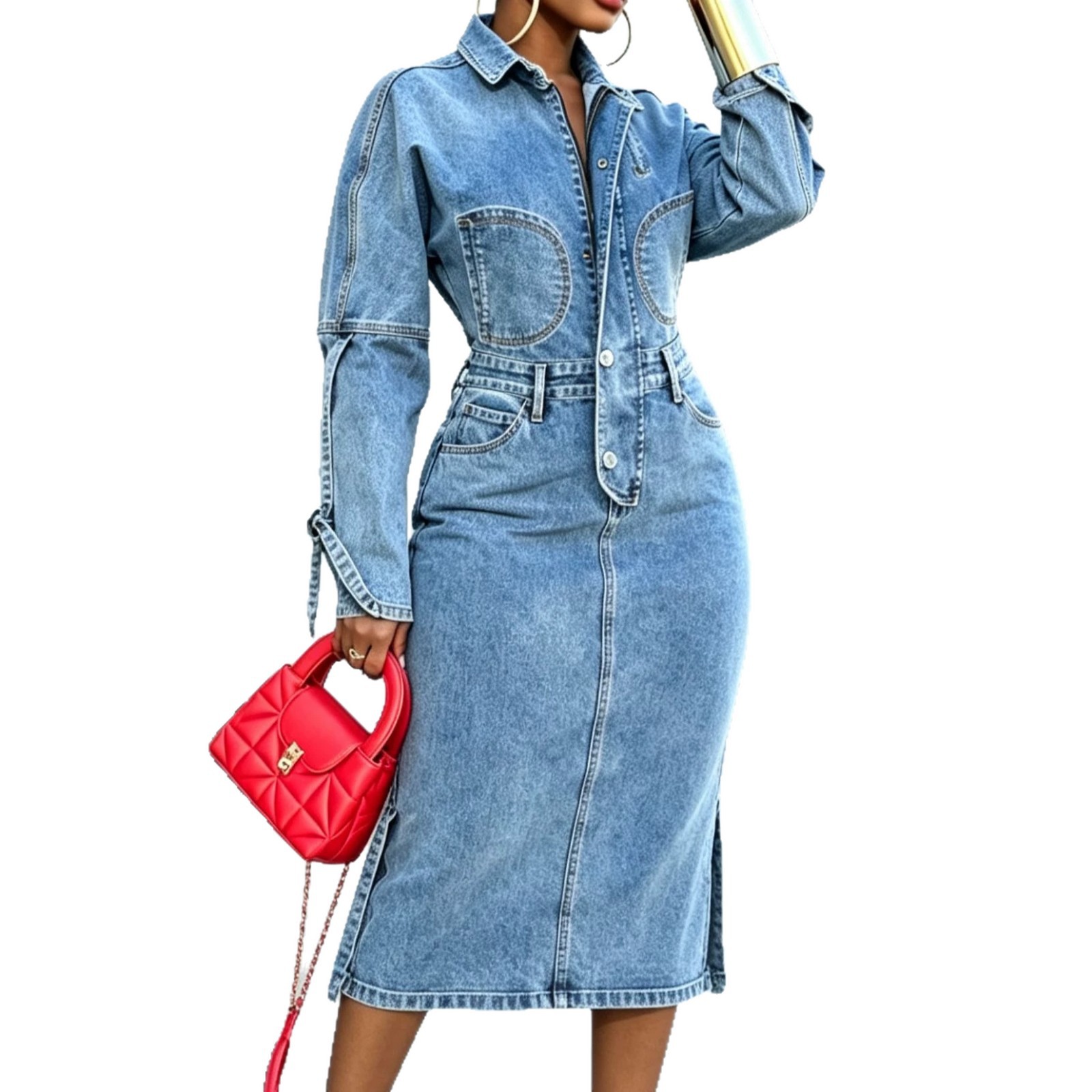 Women's Loose Denim Maxi Dress High Waist A-Line Polo Neck Long Sleeve