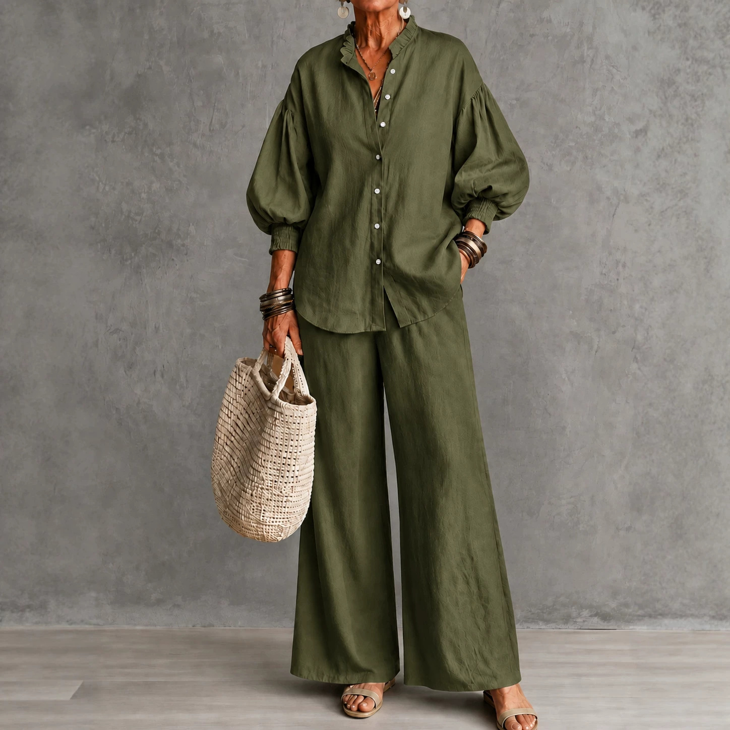 Women's Solid Ruffle Stand Collar Lantern Sleeve Shirt & Wide-Leg Pants Two-Piece Set
