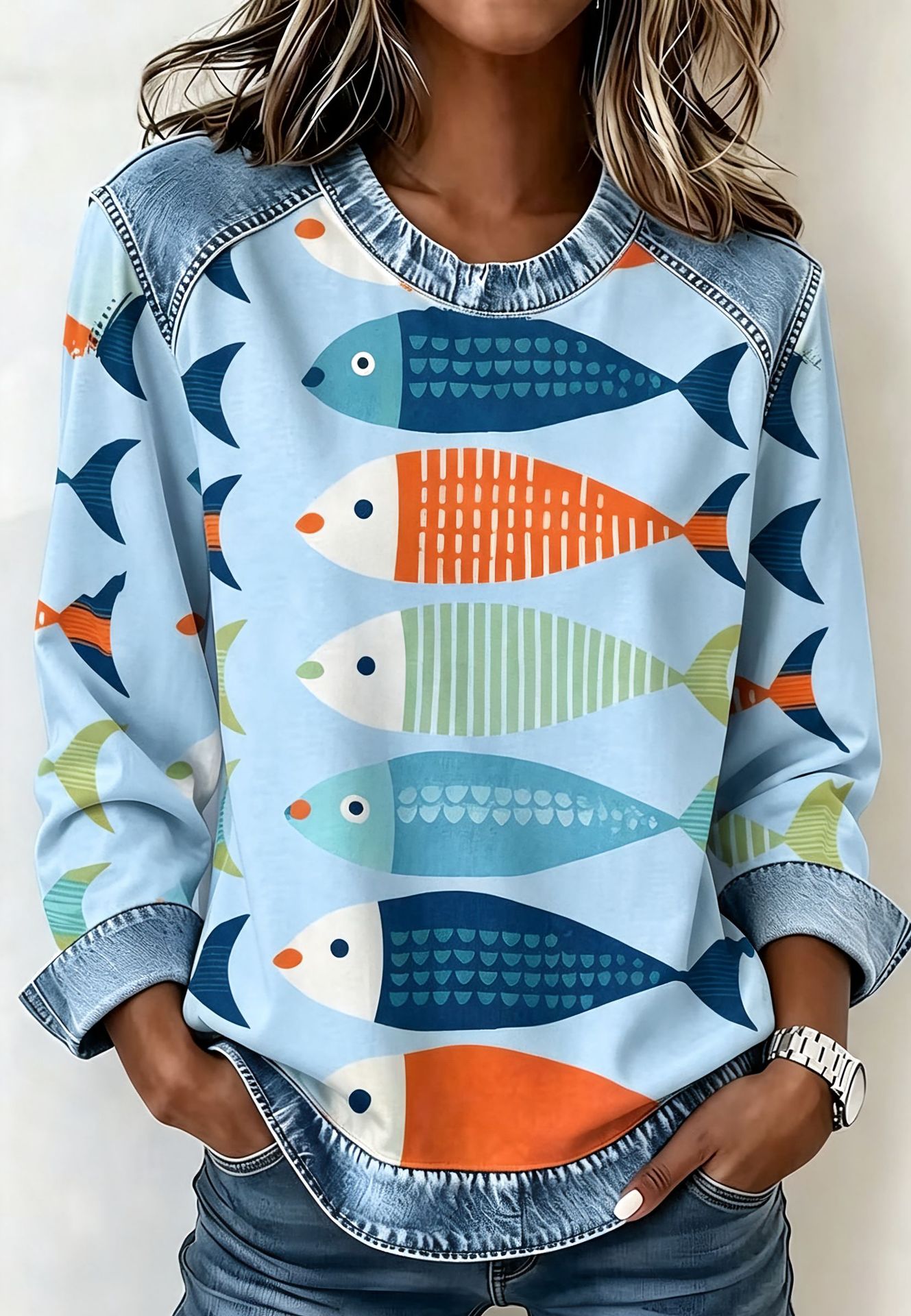 Women's Sailfish Print Casual Pullover Sweatshirt