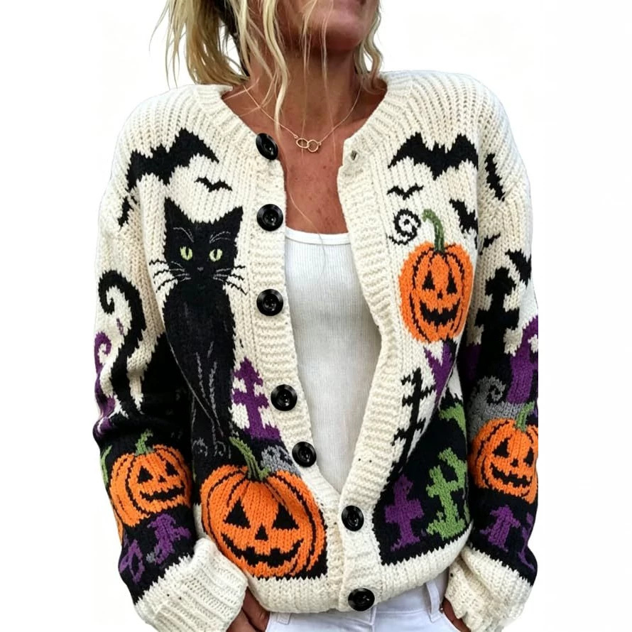 Halloween Cat Pumpkin Castle Bat Print Women's Cardigan