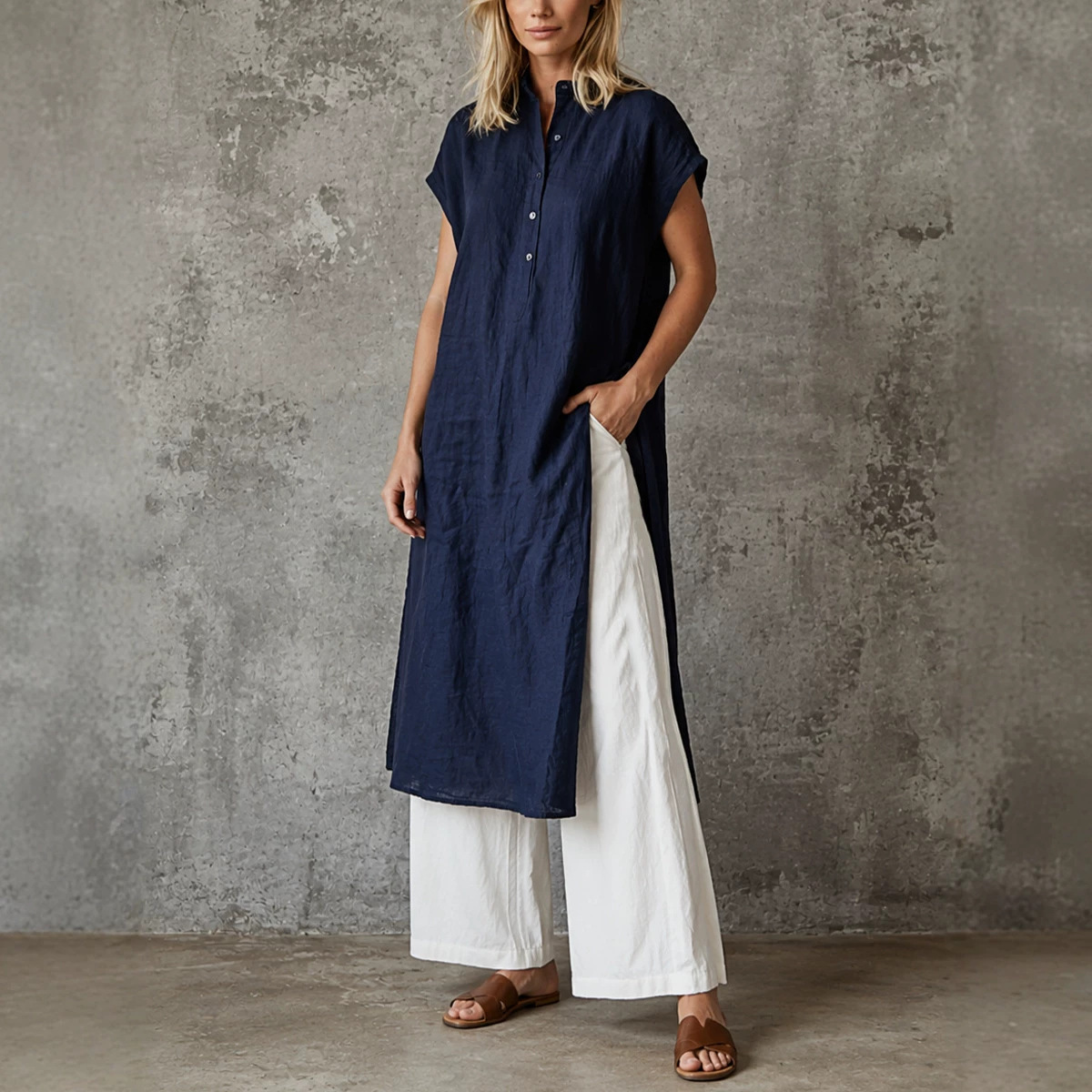 Solid Color Short Sleeve Loose Pocket Midi Skirt Set