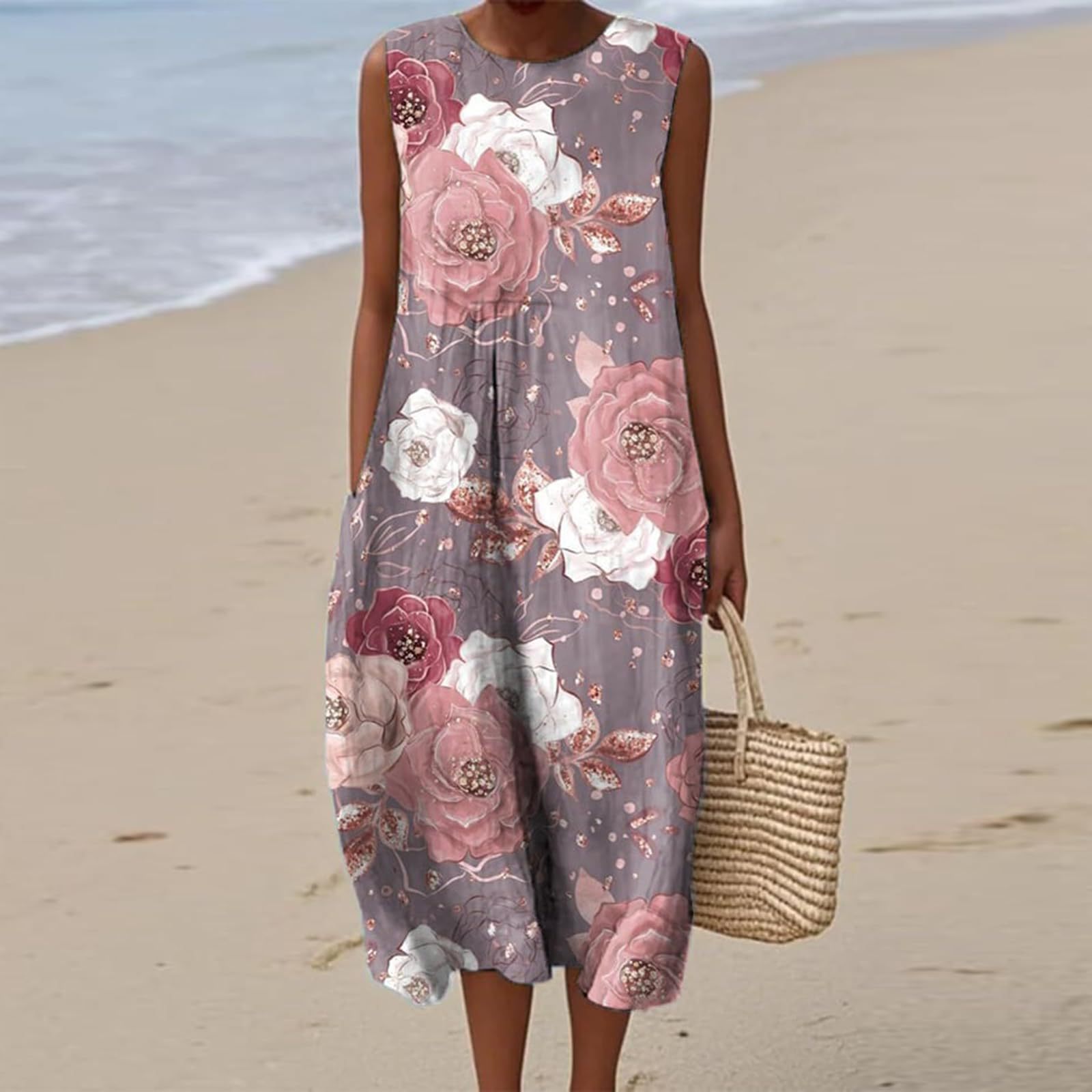 Women's Vintage Floral Print Midi Dress Sleeveless Round Neck Slim Fit